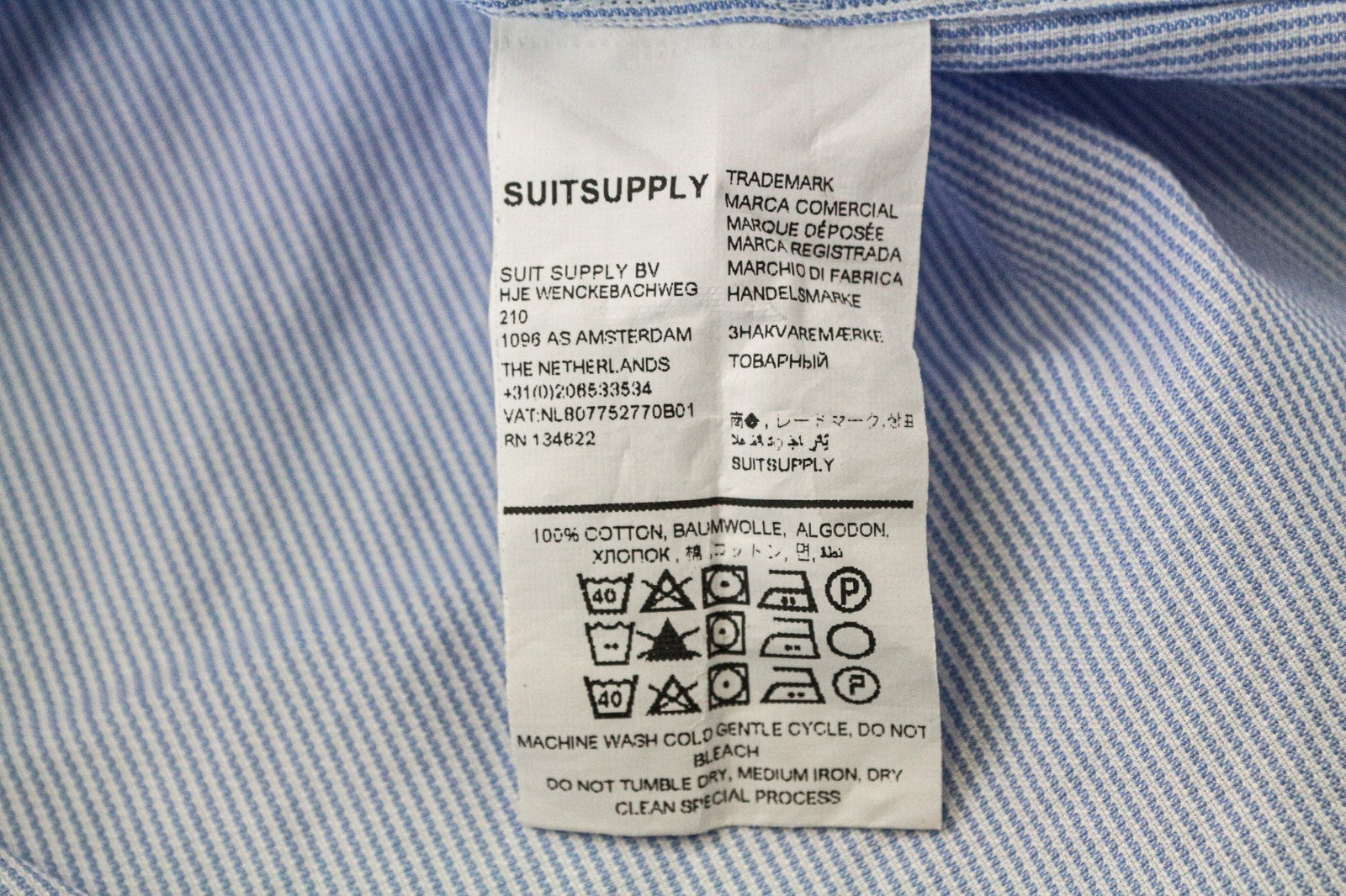 SUITSUPPLY Men Shirt 45L/17 3/4L Slim Blue Pure Cotton Striped Button-Up