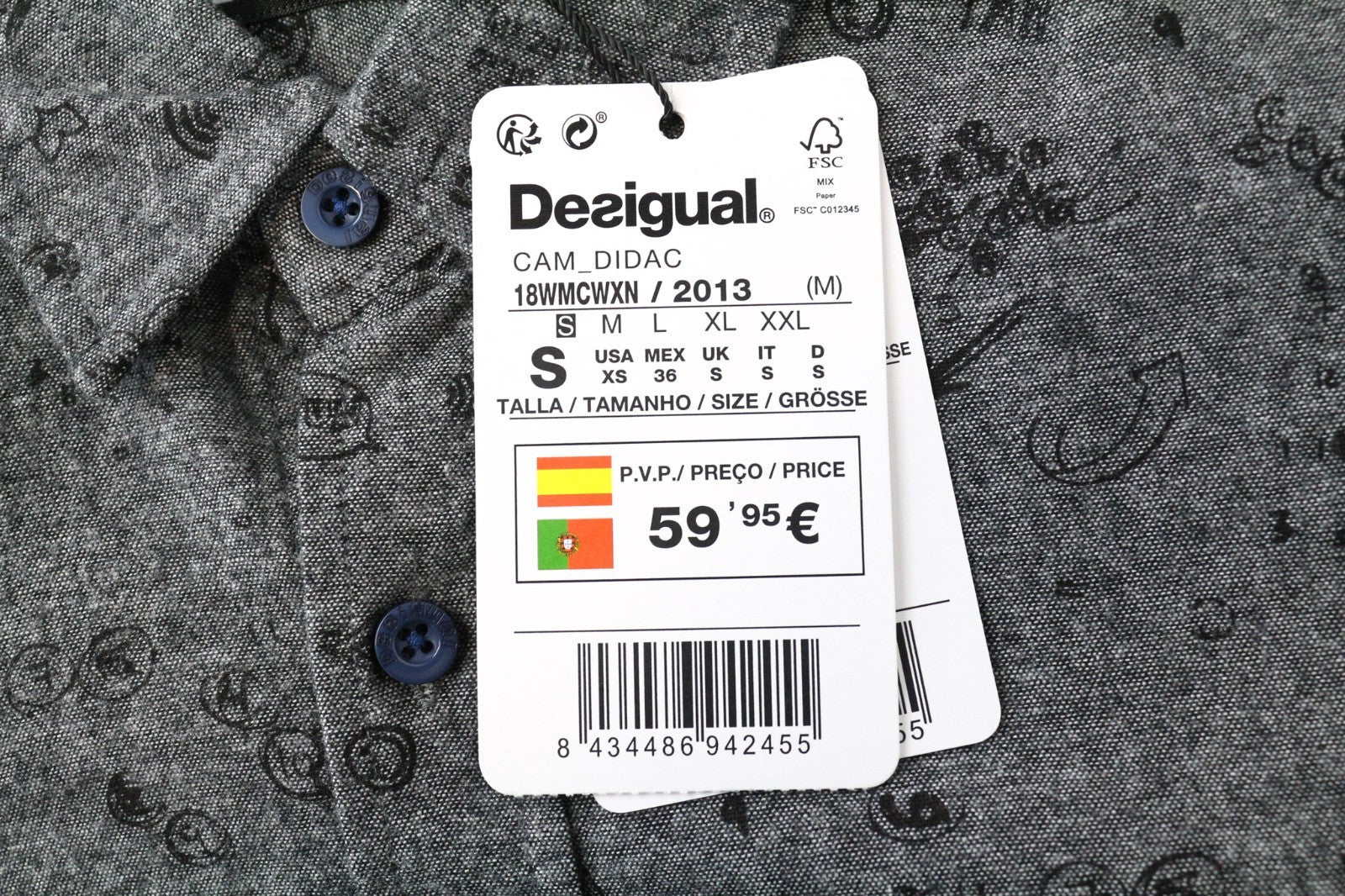 DESIGUAL Didac Men Shirt S Grey Pure Cotton Patterned Long Sleeve
