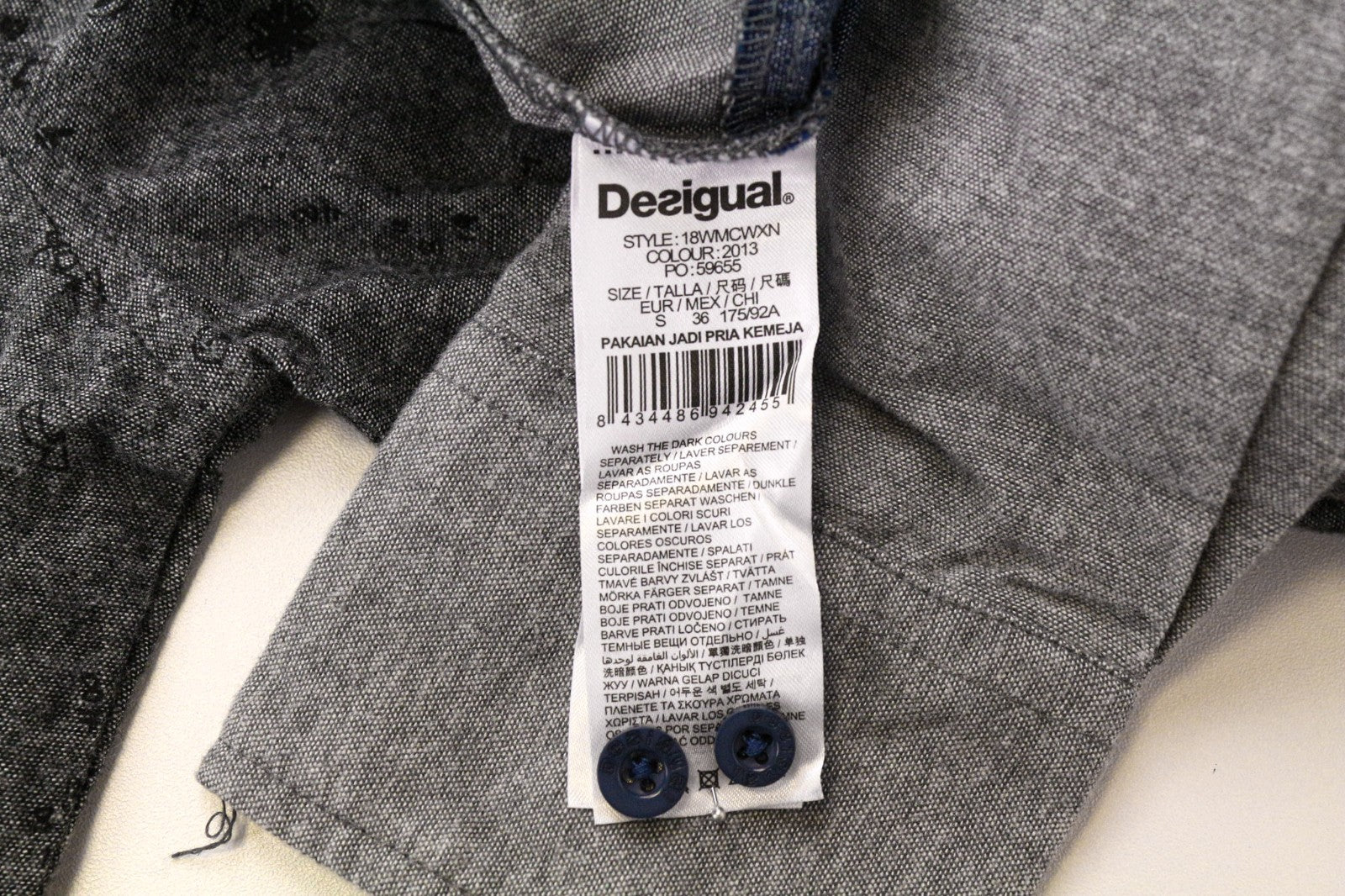 DESIGUAL Didac Men Shirt S Grey Pure Cotton Patterned Long Sleeve