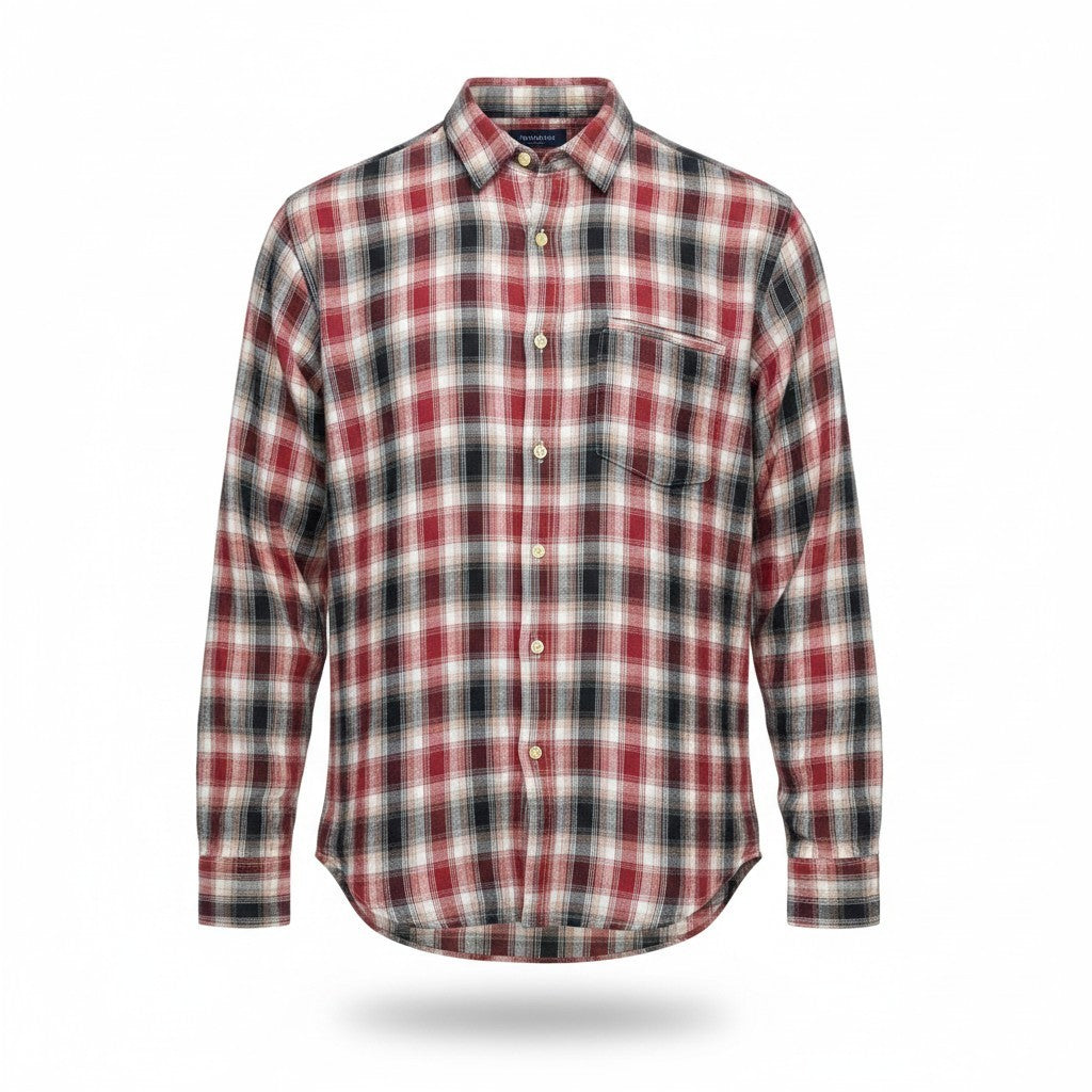 DENHAM Simpler Men Shirt M Red Cotton Blend Checked Long Sleeved Pocketed