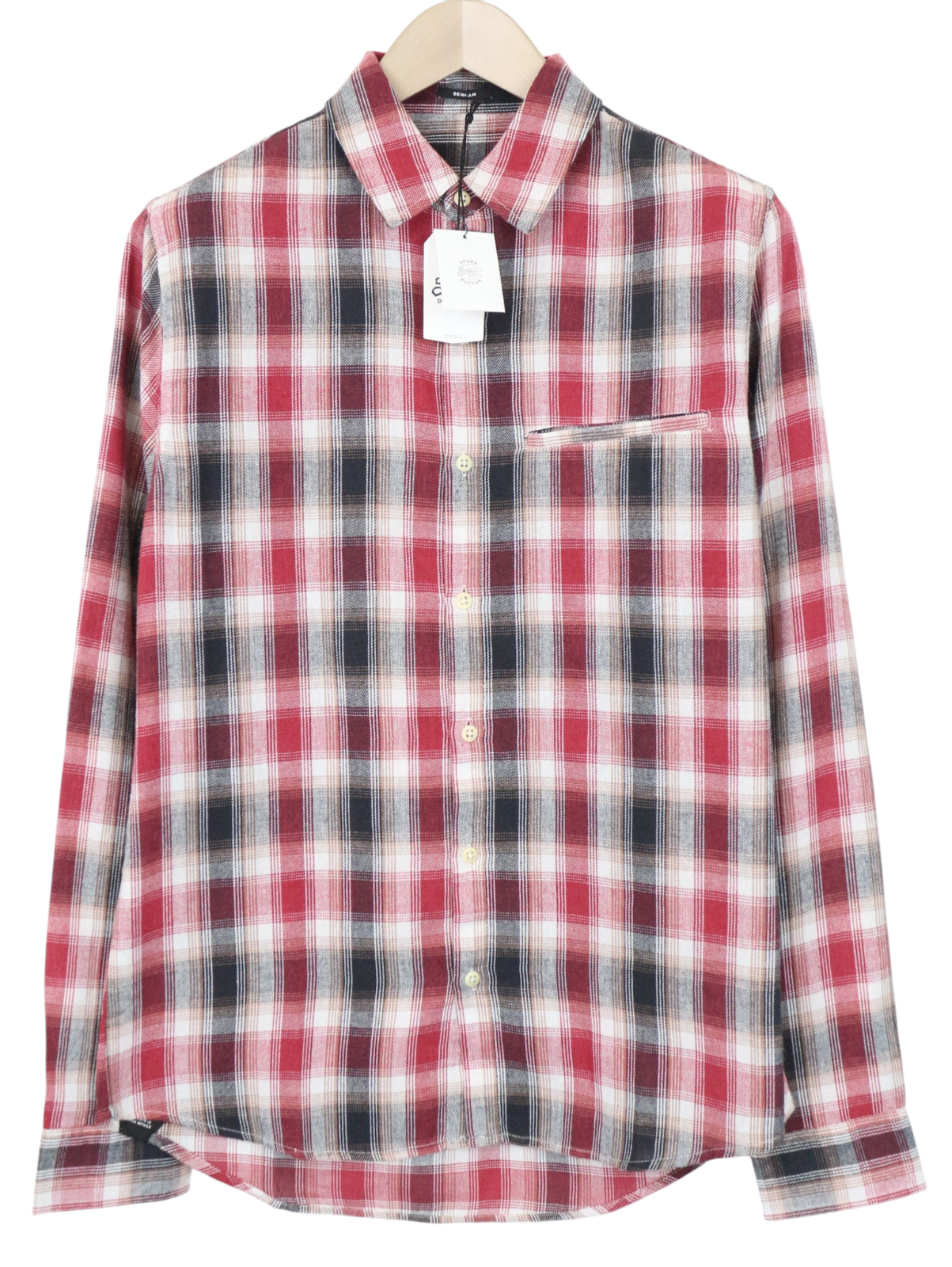 DENHAM Simpler Men Shirt M Red Cotton Blend Checked Long Sleeved Pocketed