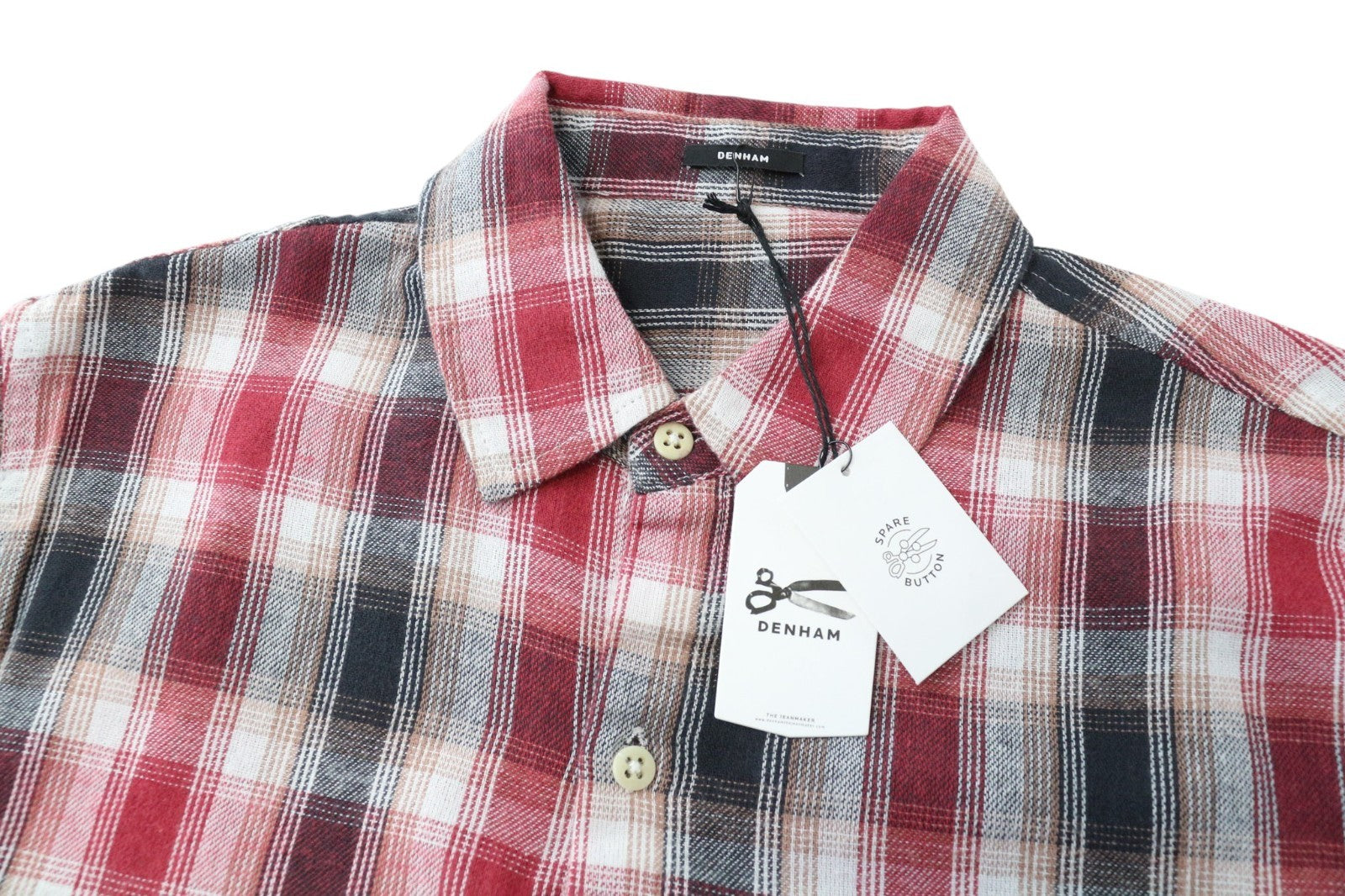 DENHAM Simpler Men Shirt M Red Cotton Blend Checked Long Sleeved Pocketed