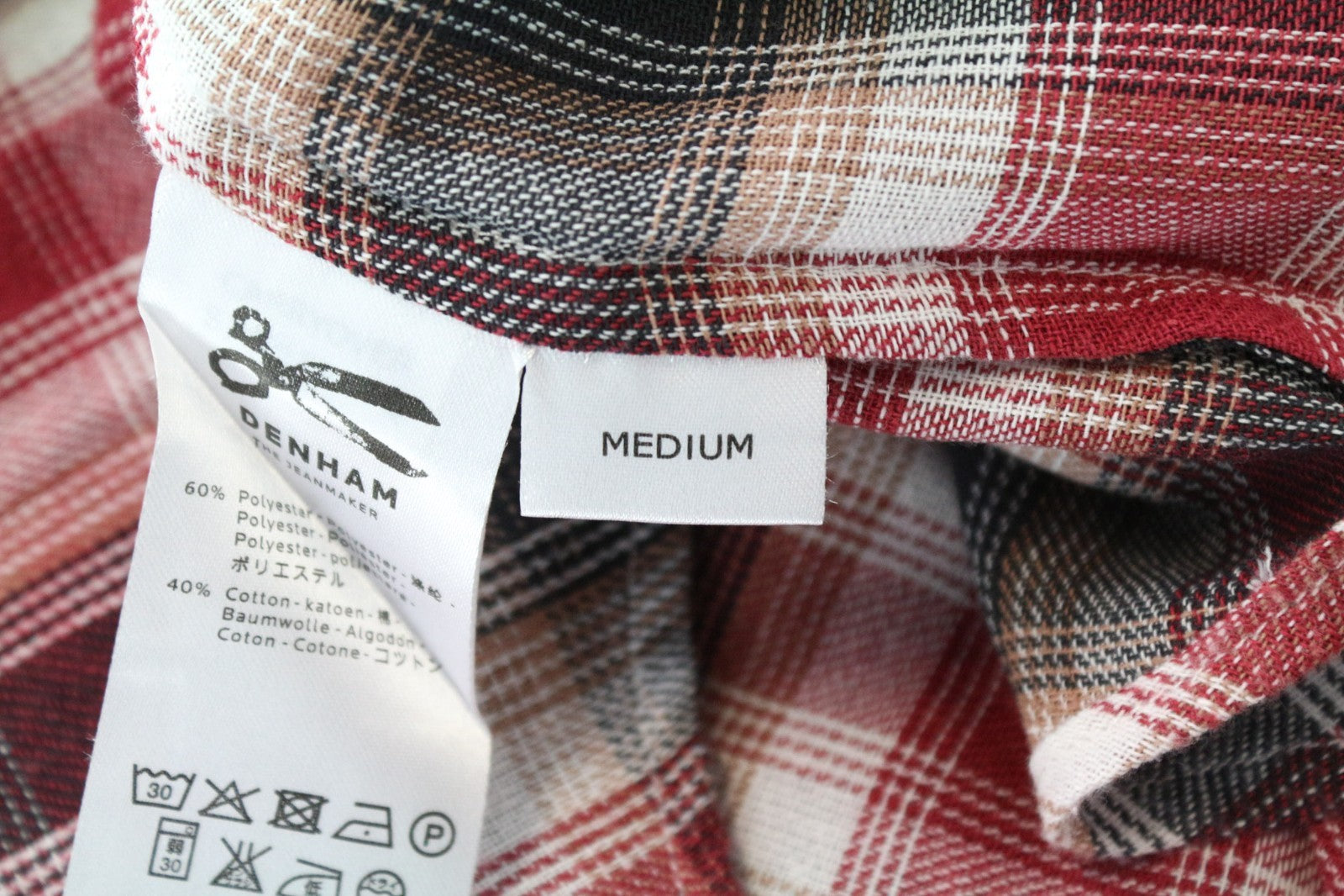 DENHAM Simpler Men Shirt M Red Cotton Blend Checked Long Sleeved Pocketed