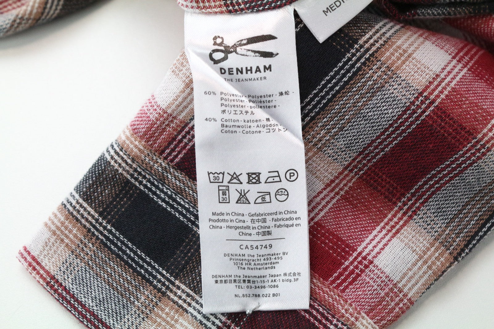 DENHAM Simpler Men Shirt M Red Cotton Blend Checked Long Sleeved Pocketed