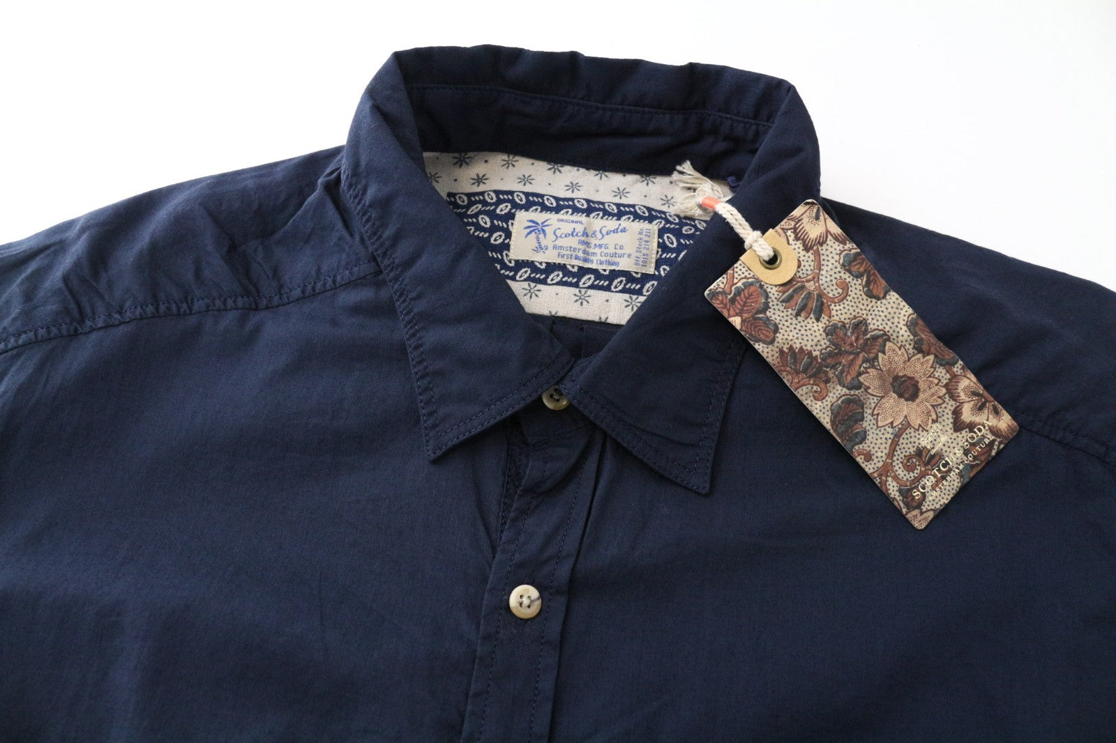 SCOTCH & SODA Ams Couture Men Shirt ~M Navy Blue Pocketed Button-Up 3/4 Sleeve