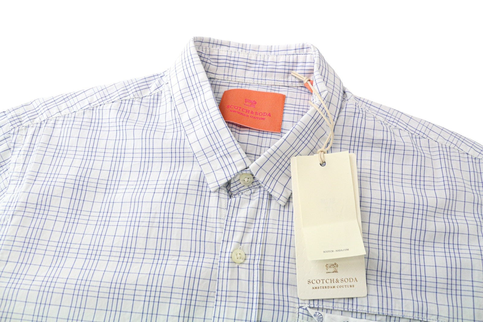 SCOTCH & SODA Ams Couture Men Shirt S Light Blue Pure Cotton Slim Checked