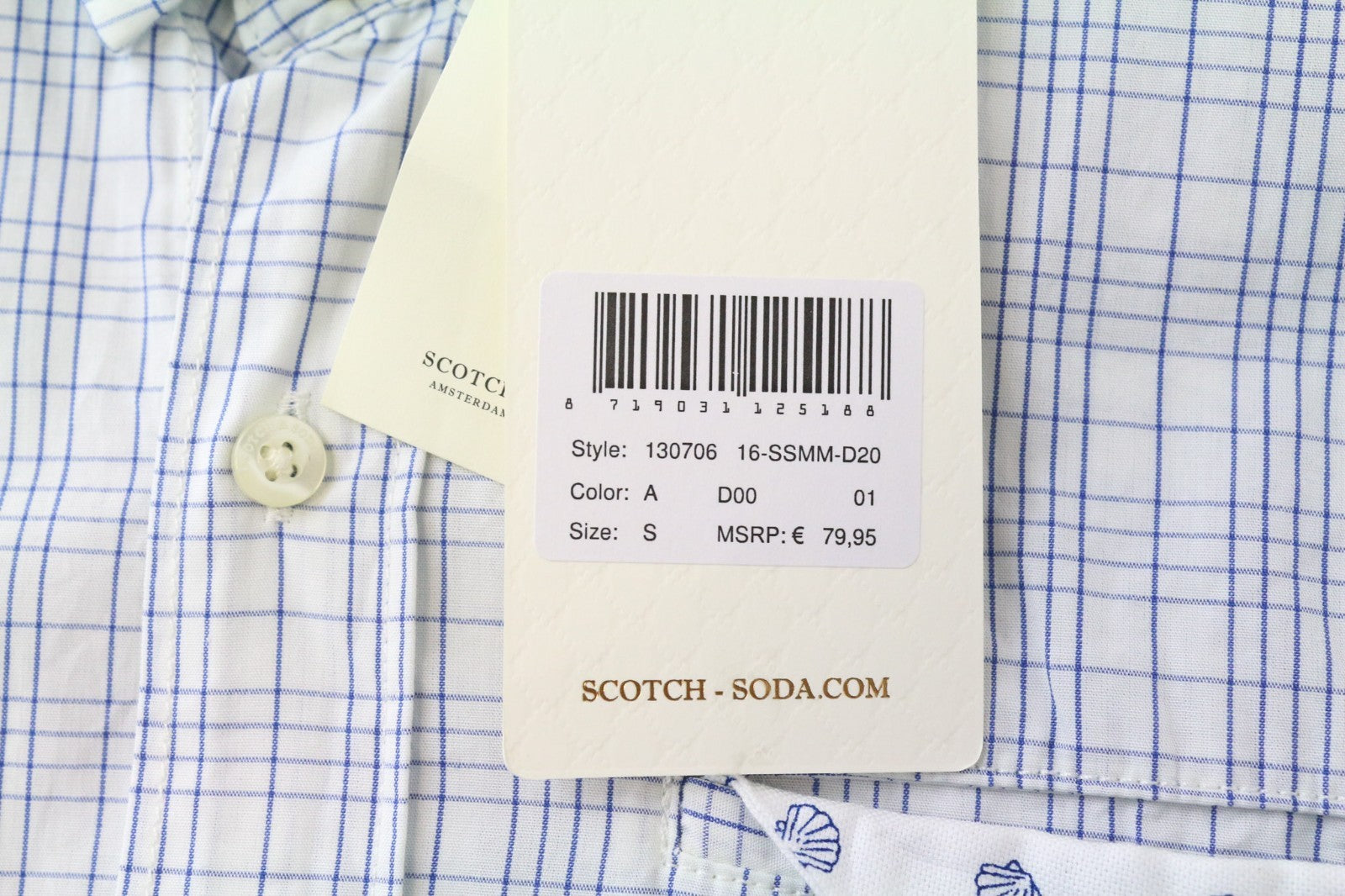 SCOTCH & SODA Ams Couture Men Shirt S Light Blue Pure Cotton Slim Checked