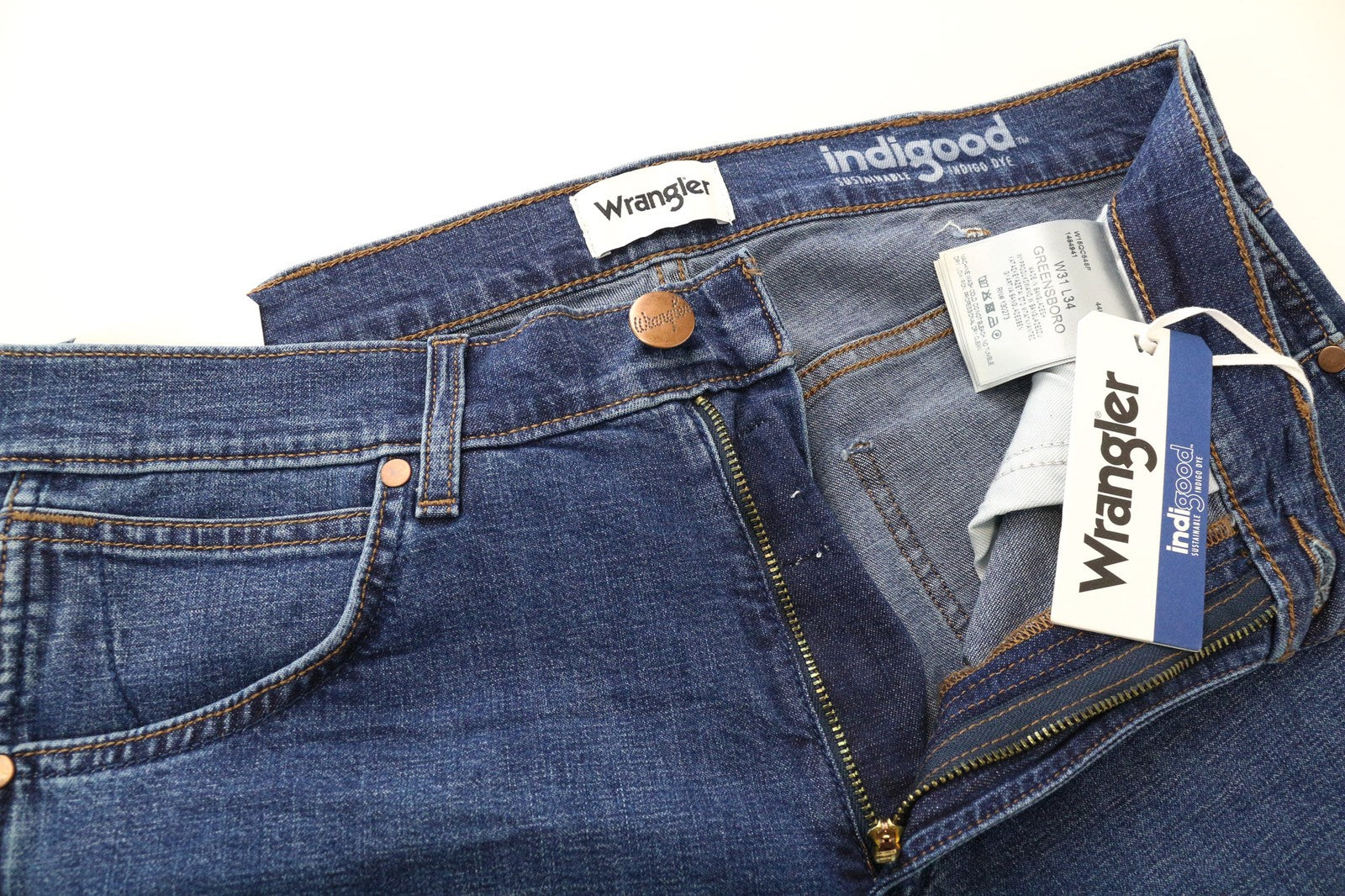 WRANGLER Greensboro Men Jeans W31/L34 Straight Wash Blue Cotton Stretch Denim