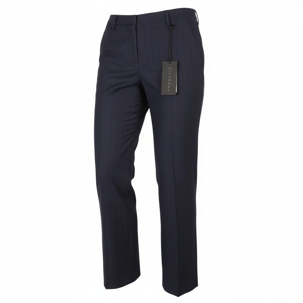 JOHN RICHMOND Women's Trousers EU44 / W33 Navy Pinstriped Wool Flare