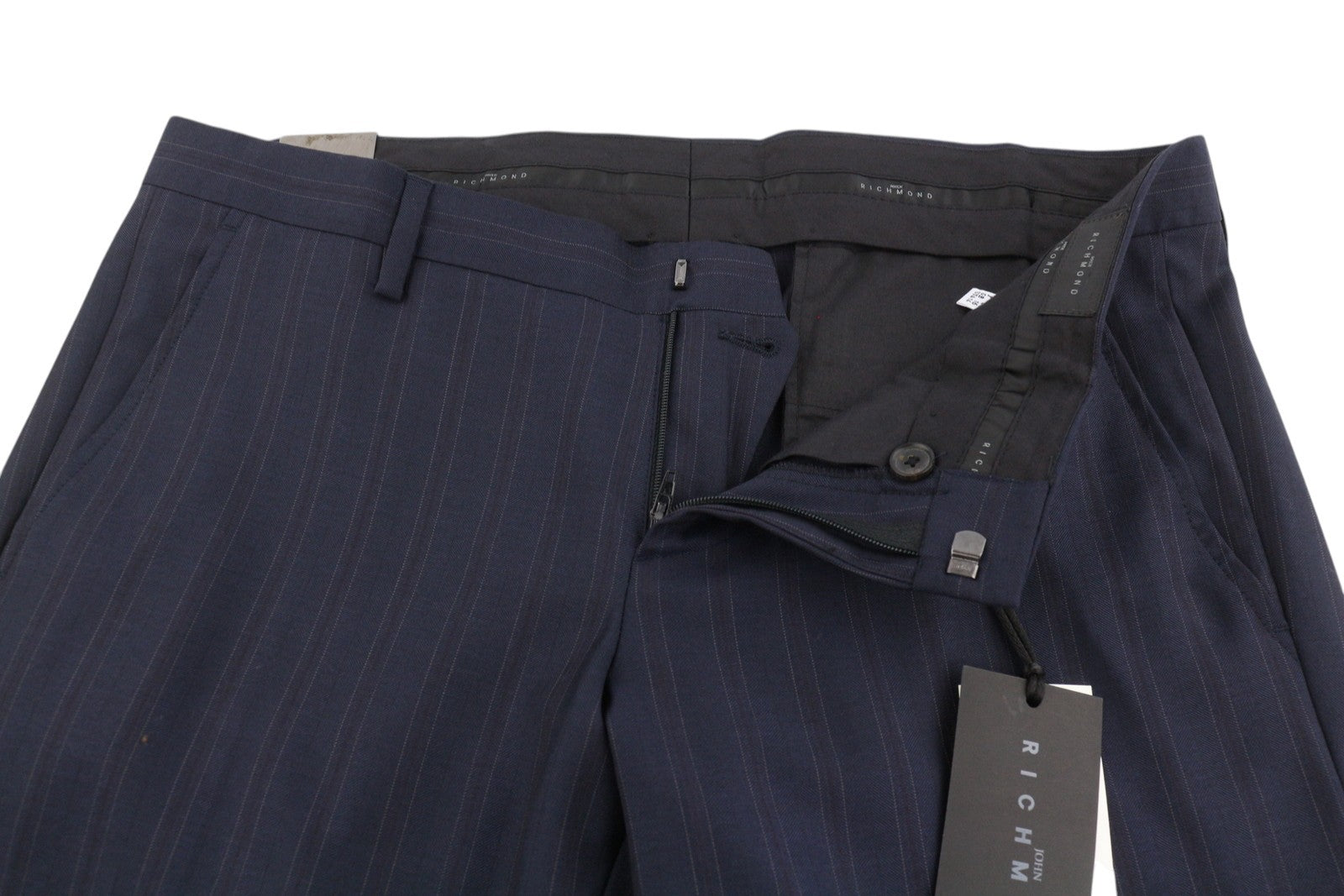 JOHN RICHMOND Women's Trousers EU44 / W33 Navy Pinstriped Wool Flare