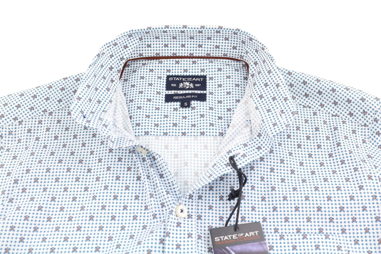 STATE OF ART Regular Fit Men's Shirt S White Print Button-Down Neck