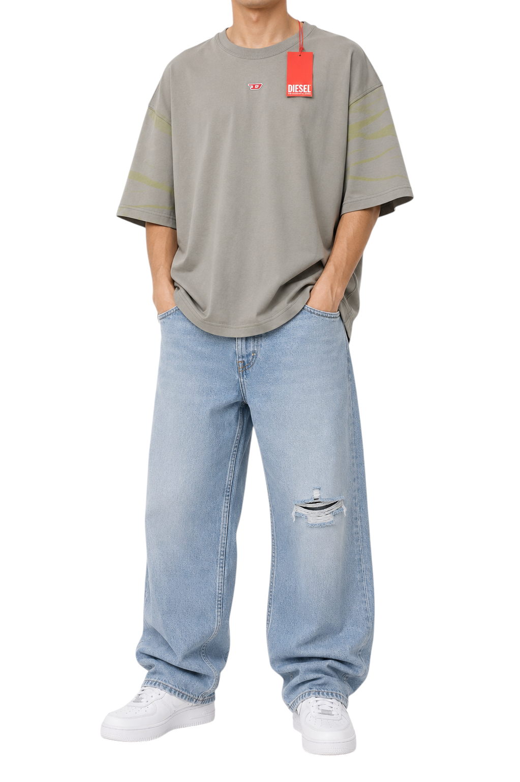 DIESEL T-Boxt-R23 Men T-Shirt L Grey Tricot Cotton Crew Oversized Short Sleeve