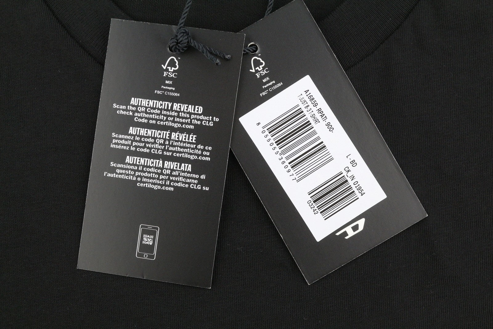 DIESEL T-Just 8-3 Men T-Shirt L Black Crew Neck Cotton Short Sleeved