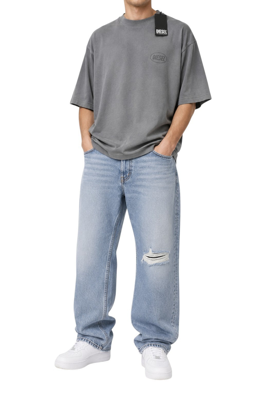 DIESEL T-Wash-Out Men T-Shirt M Grey Faded Oversized Short Sleeve