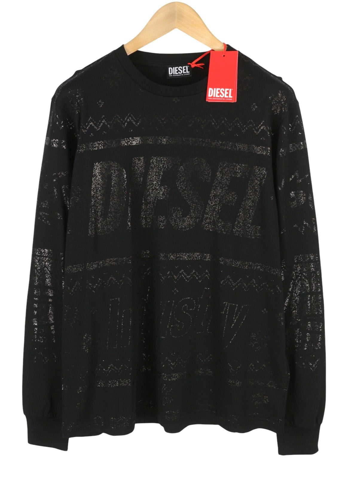 DIESEL T-Just-LS-CX11 Men T-Shirt L Black Shiny Pattern Crew Neck Long Sleeved