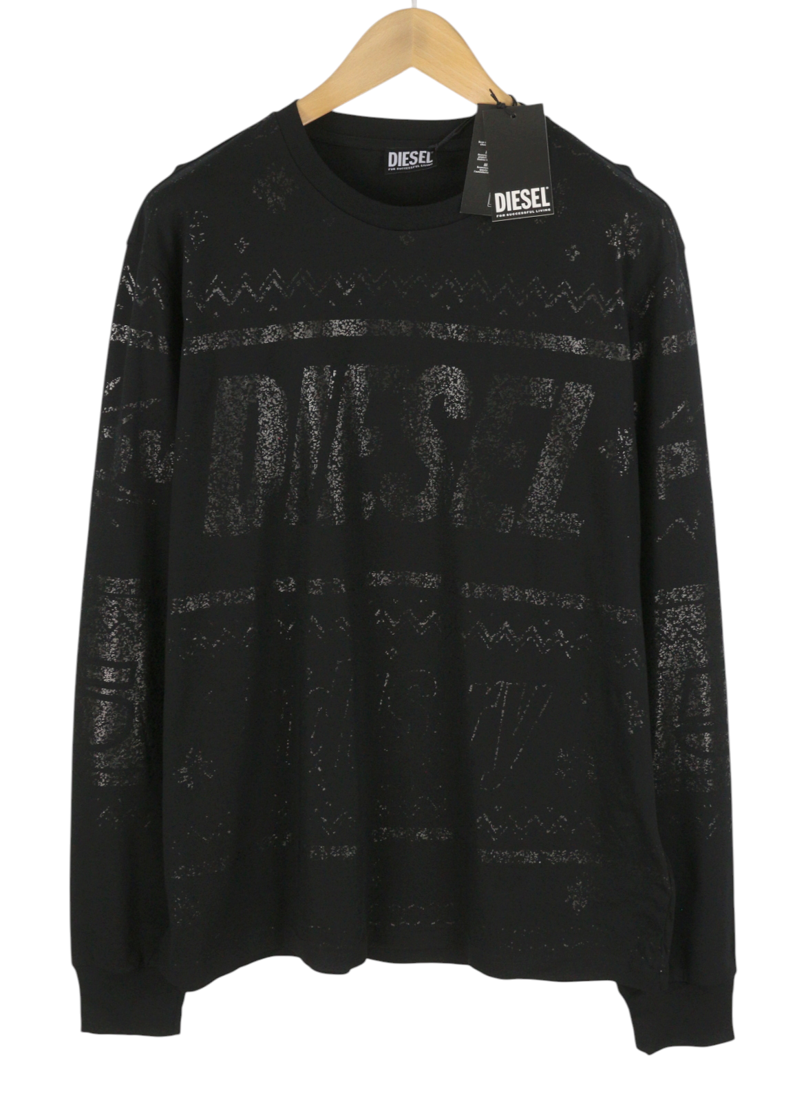 DIESEL T-Just-LS-CX11 Men T-Shirt 2XL Black Shiny Pattern Crew Neck Long Sleeved
