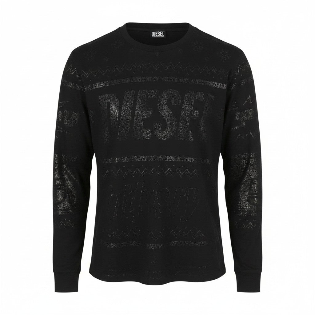 DIESEL T-Just-LS-CX11 Men T-Shirt XL Black Shiny Pattern Crew Neck Long Sleeved