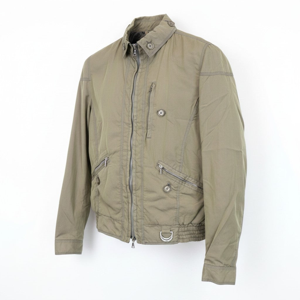 JOHN RICHMOND Men Jacket 48 M Khaki Green Silk Blend Zipped Lightweight
