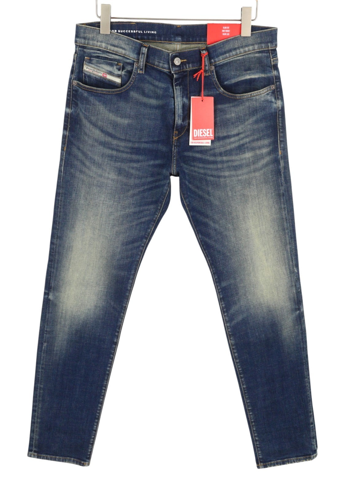 DIESEL 2019 D-Strukt 09J50 Men Jeans W33/L32 Blue Whiskers Faded Slim Fit RRP195