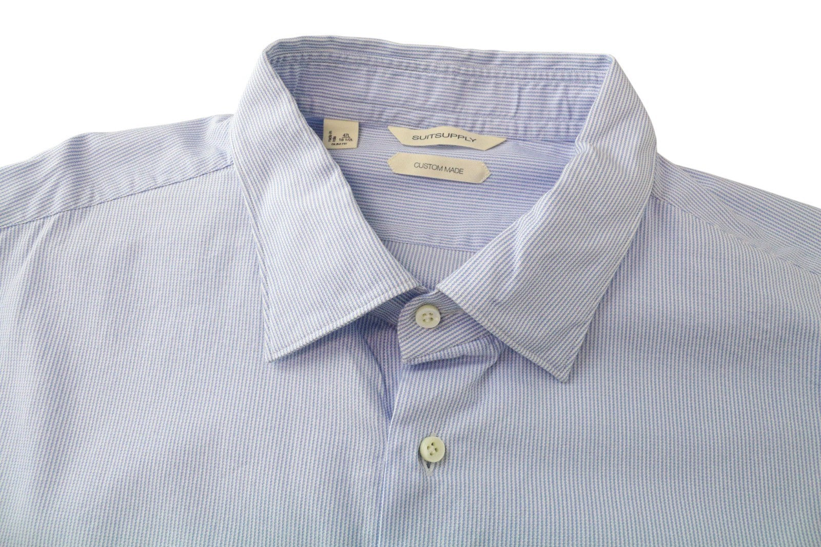 SUITSUPPLY Men Shirt 47L/18 1/2L Slim Blue Pure Cotton Striped Pattern Formal