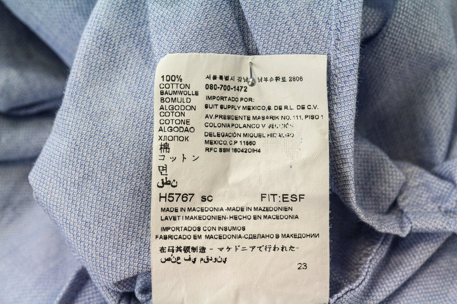 SUITSUPPLY Men Shirt 42/16 1/2 Extra Slim Blue Pure Cotton Cutaway Long Sleeve