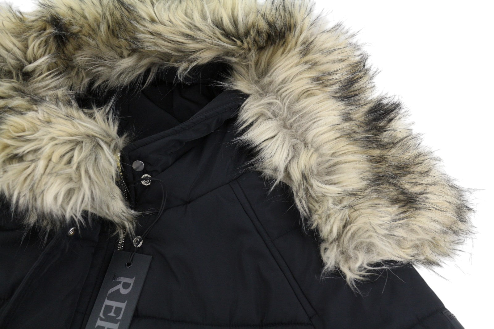 REPLAY Women Jacket L Black Hooded Padded Parka Drawstring Waist Oversized