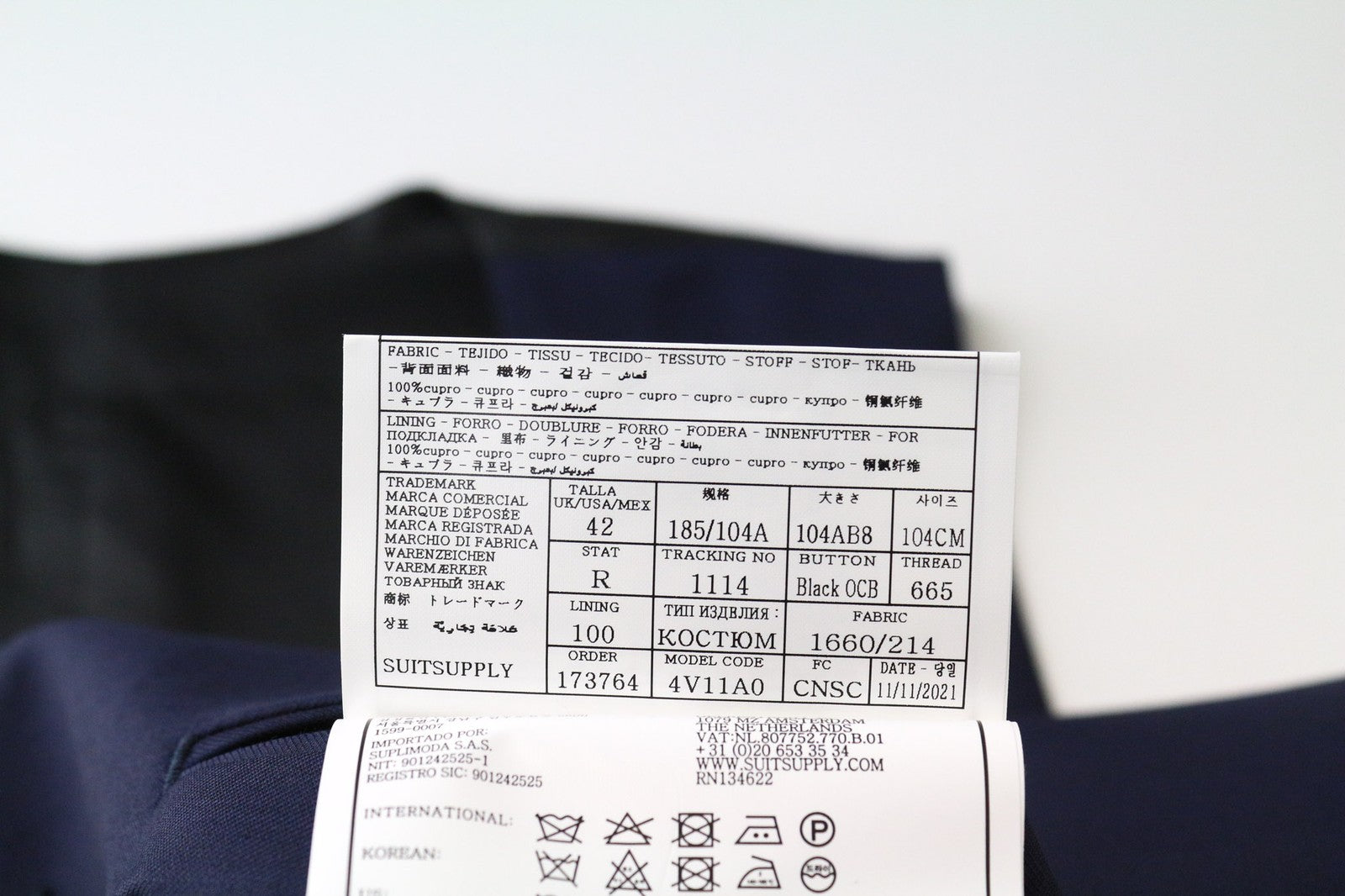 SUITSUPPLY Lazio Tuxedo Men Suit UK42R Blue Slim 3-Piece Pure S130s Wool Peak