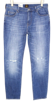 LEE Rider Men Jeans W34/L32 Mid Blue Distressed Slim Stretch Zip-Fly Classic