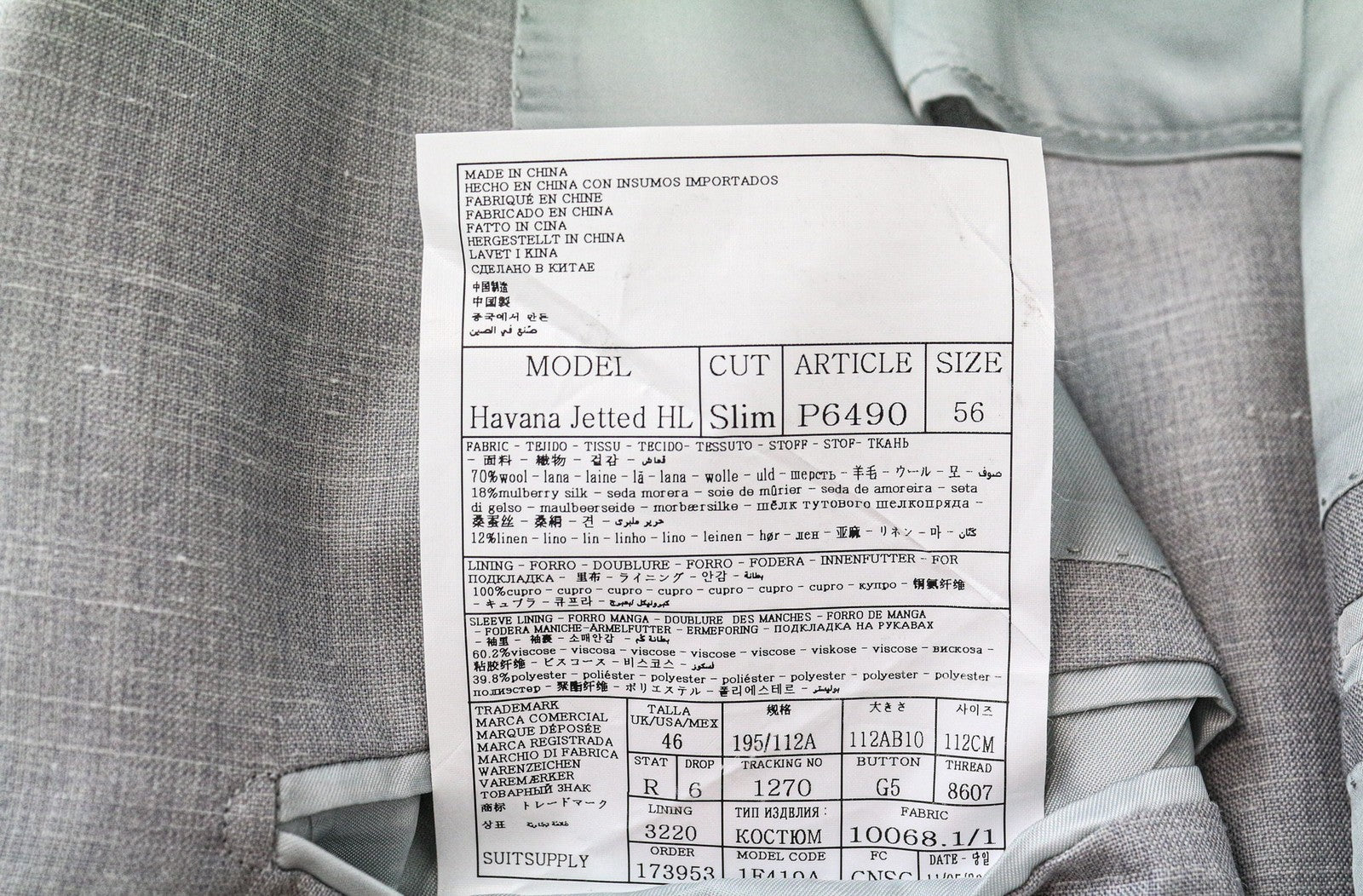 SUITSUPPLY Havana Jetted Men Suit UK46R Grey Slim 2Piece Wool Silk Linen