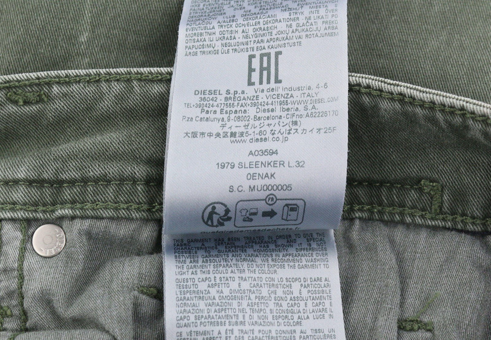 DIESEL 1979 Sleenker 0ENAK Men's Jeans W29/L32 Green Whiskers Low Waist Skinny