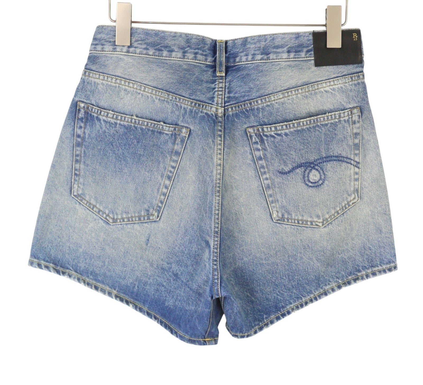 R13 Cross Over Women's Shorts 28 Bain Blue Asymmetric Button Fastening PS26