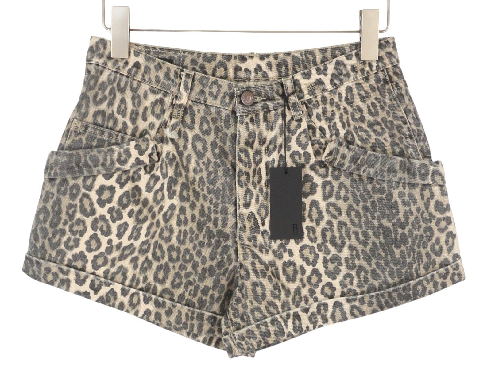 R13 Pouch Pocket Women's Shorts 25 Rigid Ecru Leopard Button Turn-Up RRP795
