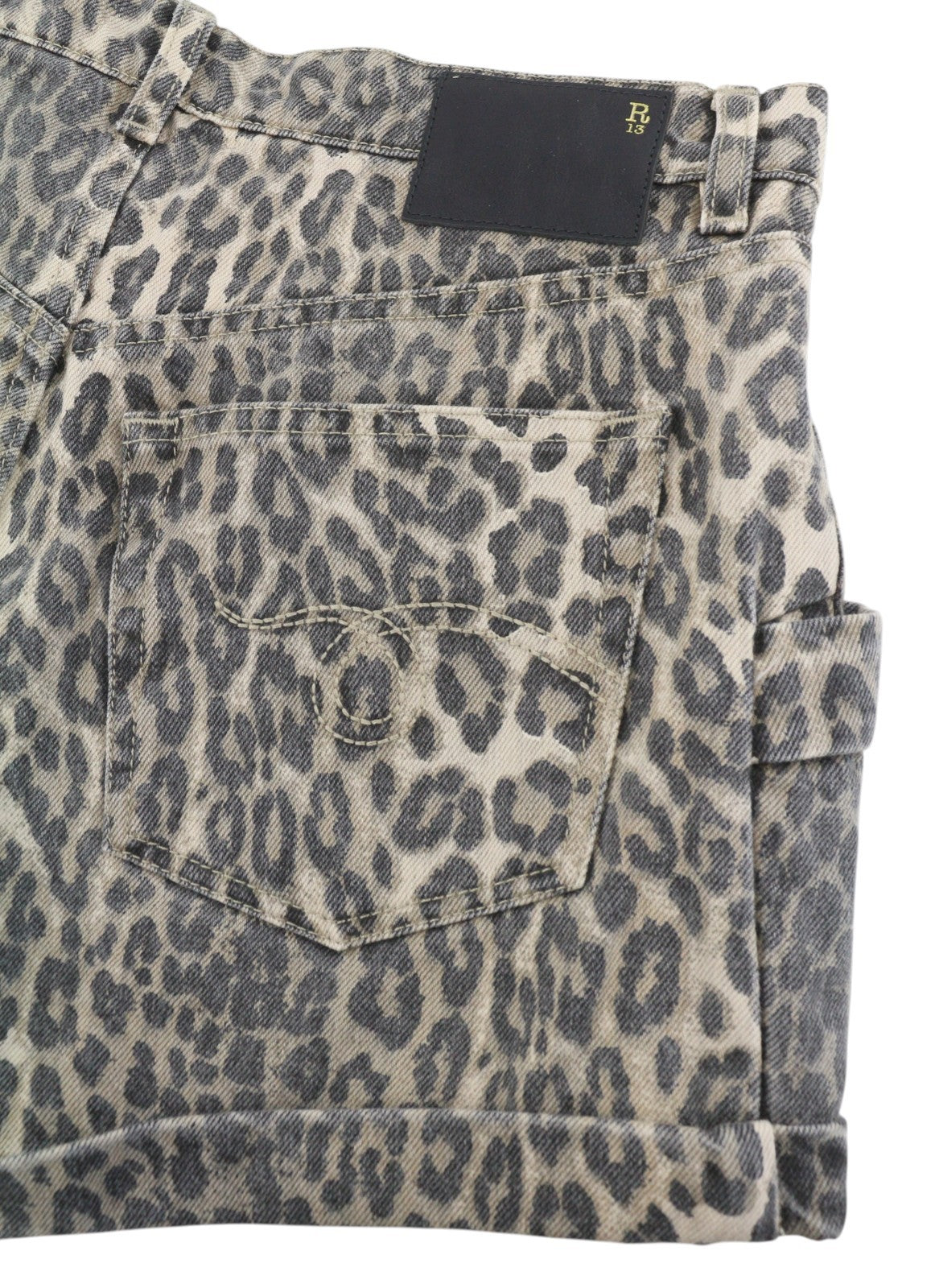 R13 Pouch Pocket Women's Shorts 25 Rigid Ecru Leopard Button Turn-Up RRP795