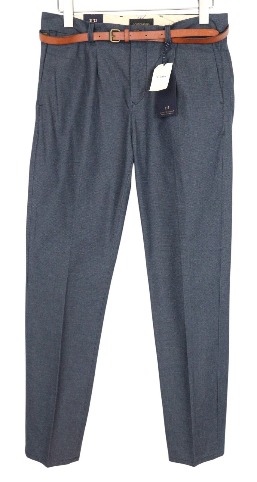 SCOTCH & SODA Stuart Men Trousers W30/L32 Slim Grey Pure Cotton Pleated Belted