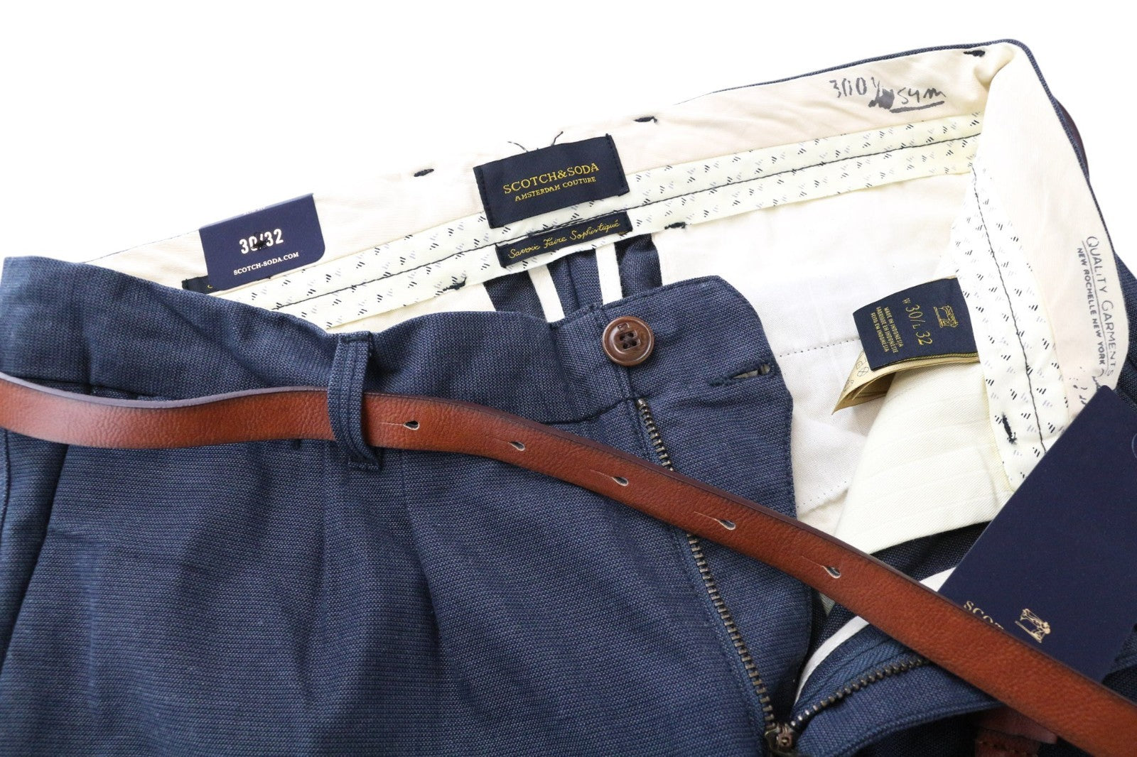 SCOTCH & SODA Stuart Men Trousers W30/L32 Slim Grey Pure Cotton Pleated Belted
