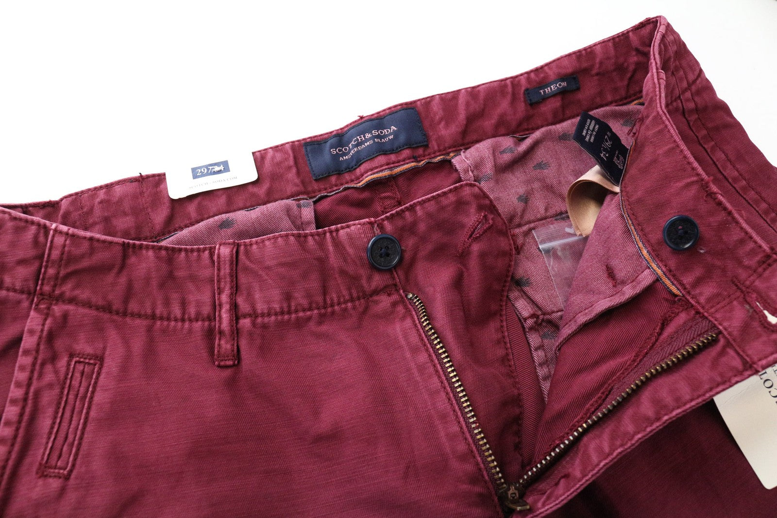 SCOTCH & SODA Theon Men Trousers W29/L34 Slim Tapered Fit Pure Cotton Burgundy