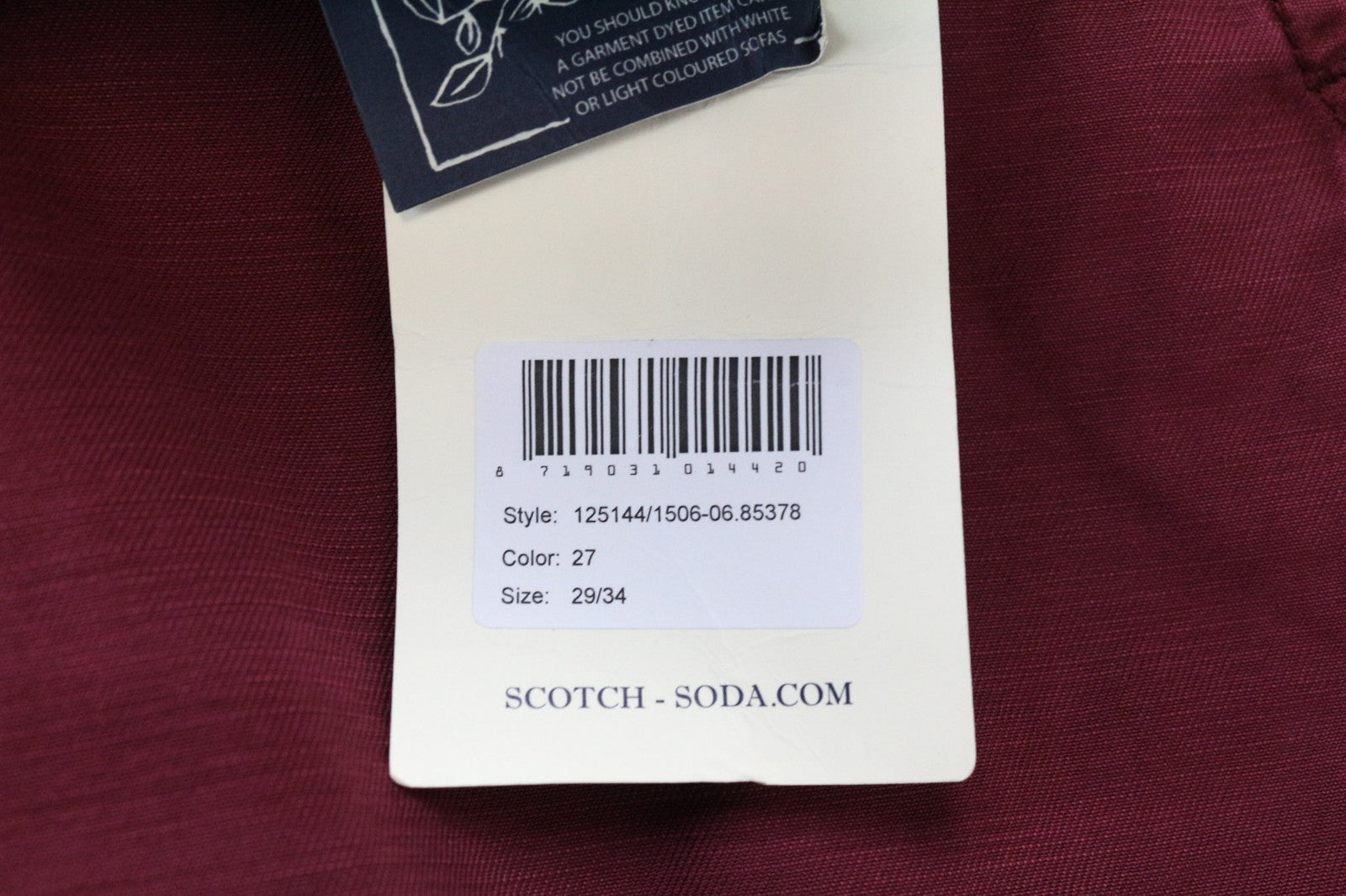 SCOTCH & SODA Theon Men Trousers W29/L34 Slim Tapered Fit Pure Cotton Burgundy