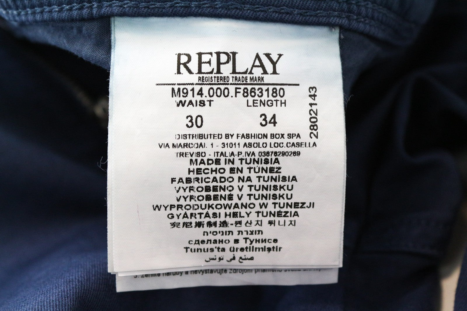 REPLAY Anbass Men Trousers W30/L34 Slim Fit Casual 5-Pocket Blue Cotton Stretch