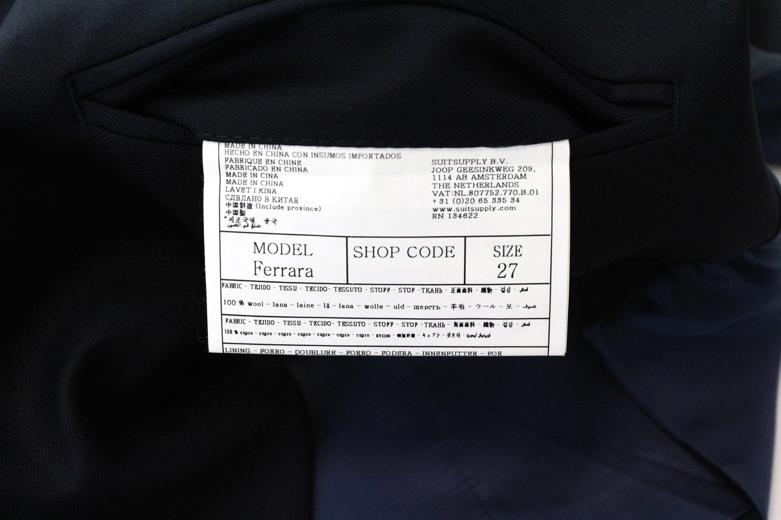 SUITSUPPLY Ferrara Men Suit UK44S Trousers Waistcoat Navy Blue Wool 2 Piece