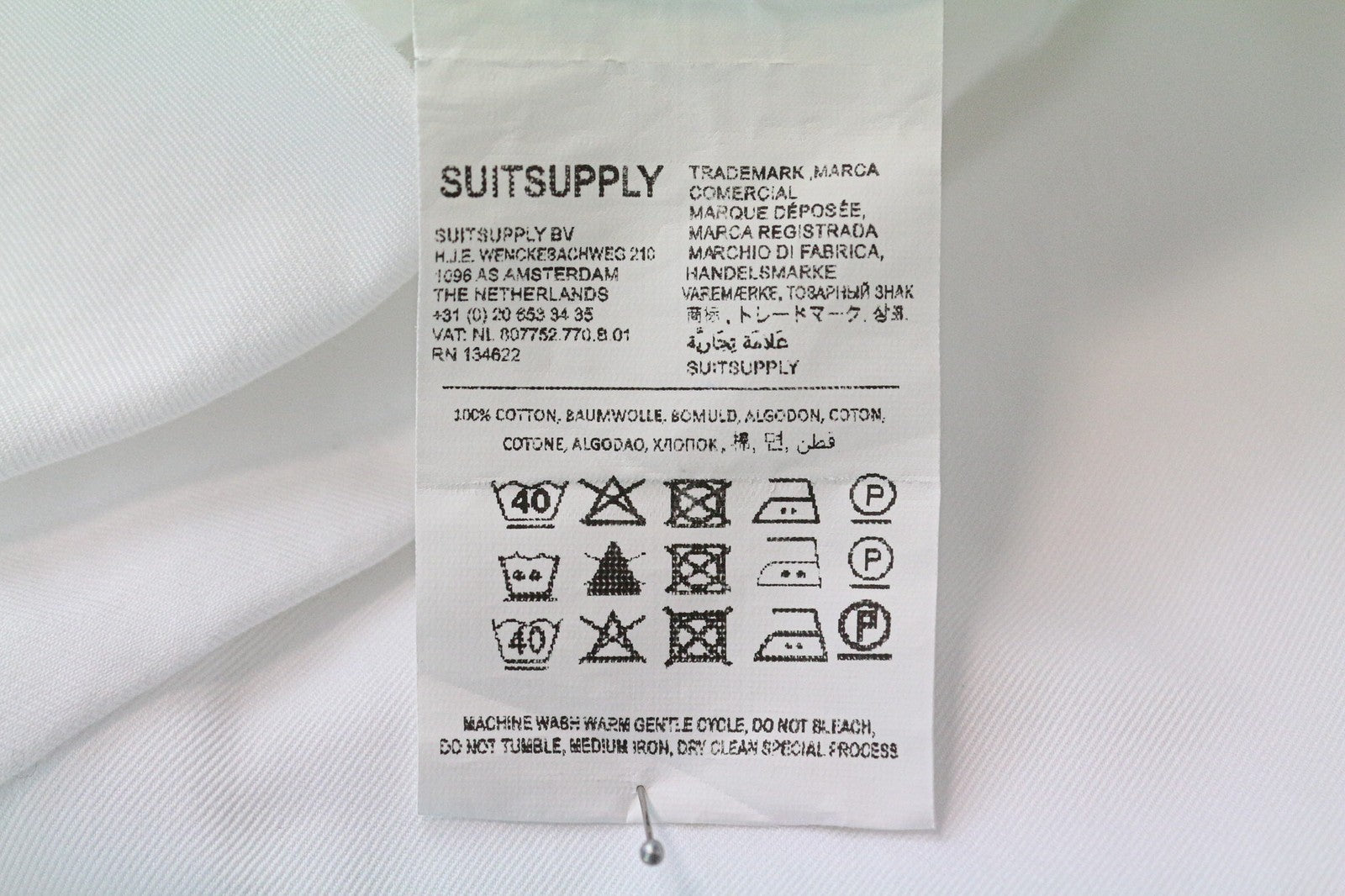SUITSUPPLY Men Shirt 40/15 3/4 Slim White Pure Cotton Long Sleeved Button-Up