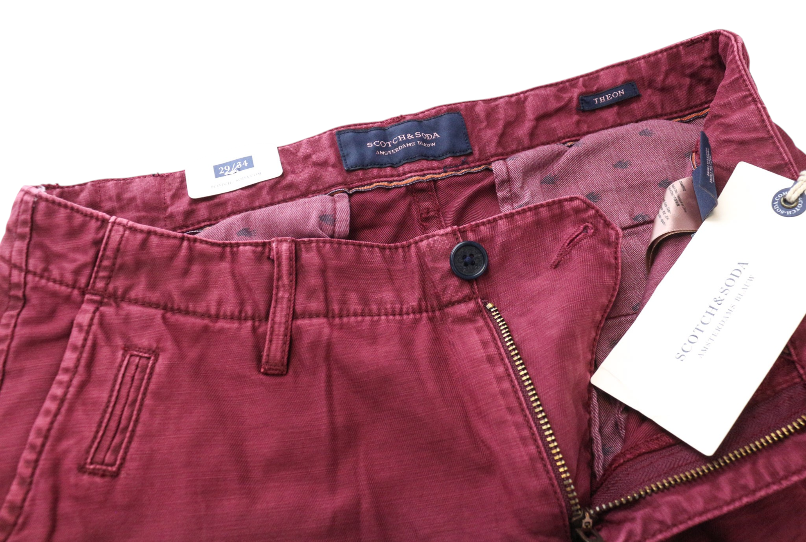 SCOTCH & SODA Theon Men Trousers W29/L34 Taper Slim Fit Pure Cotton Burgundy
