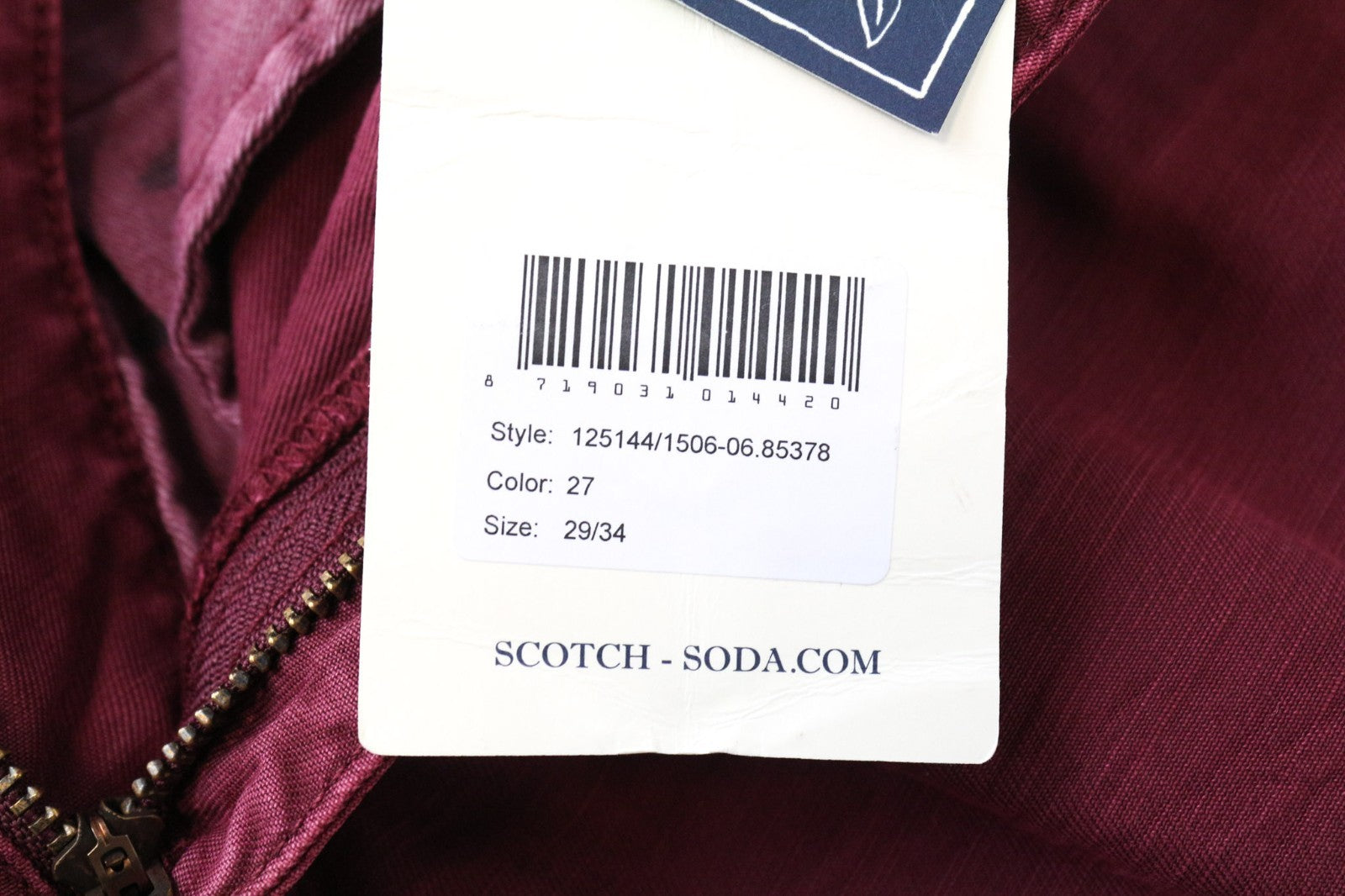 SCOTCH & SODA Theon Men Trousers W29/L34 Taper Slim Fit Pure Cotton Burgundy