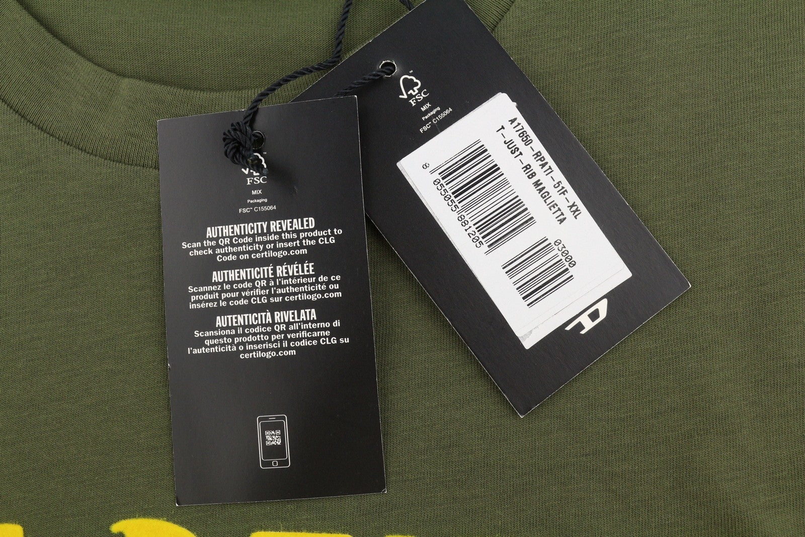 DIESEL T-Just-Rib Men T-Shirt 2XL Khaki Green Cotton Crew Neck Short Sleeved