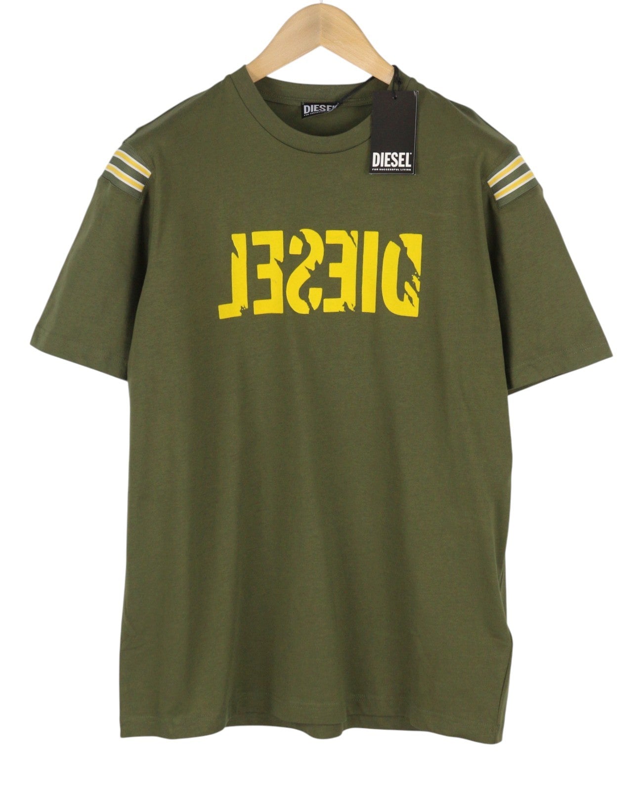 DIESEL T-Just-Rib Men T-Shirt L Khaki Green Cotton Crew Neck Short Sleeved
