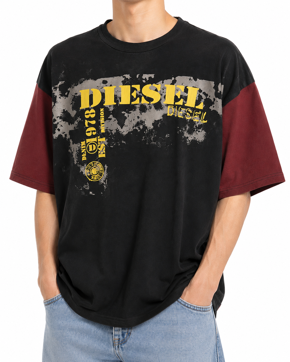 DIESEL T-Boxt-Q4 Men T-Shirt XL Black Patterned Oversized Crew Short Sleeve