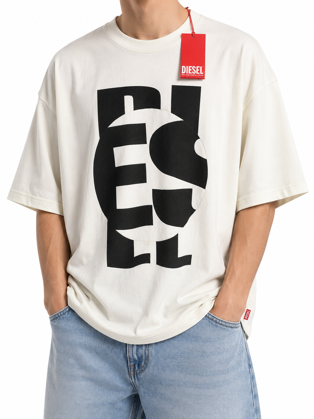 DIESEL T-Boxt-Circle Men T-Shirt M White Oversized Crew Neck Short Sleeved