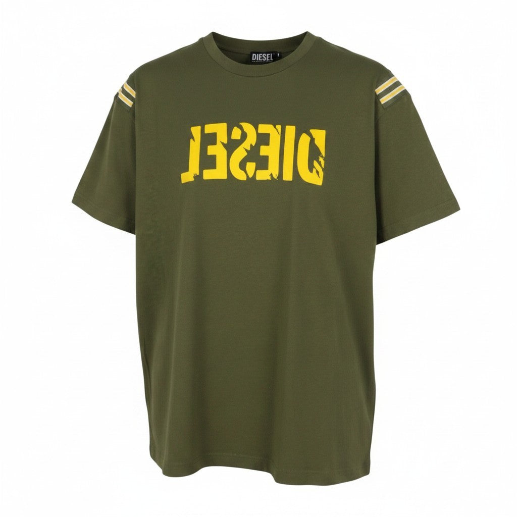 DIESEL T-Just-Rib Men T-Shirt L Khaki Green Cotton Crew Neck Short Sleeve