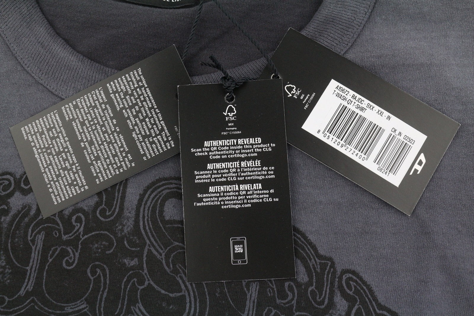 DIESEL T-Wash-Q1 Men T-Shirt 2XL Grey Faded Patterned Oversized Short Sleeve