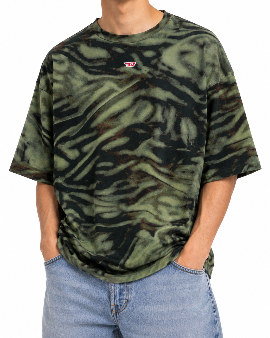 DIESEL T-Boxt-N3 Men T-Shirt L Green Zebra-Camo Print Short Sleeved RRP150