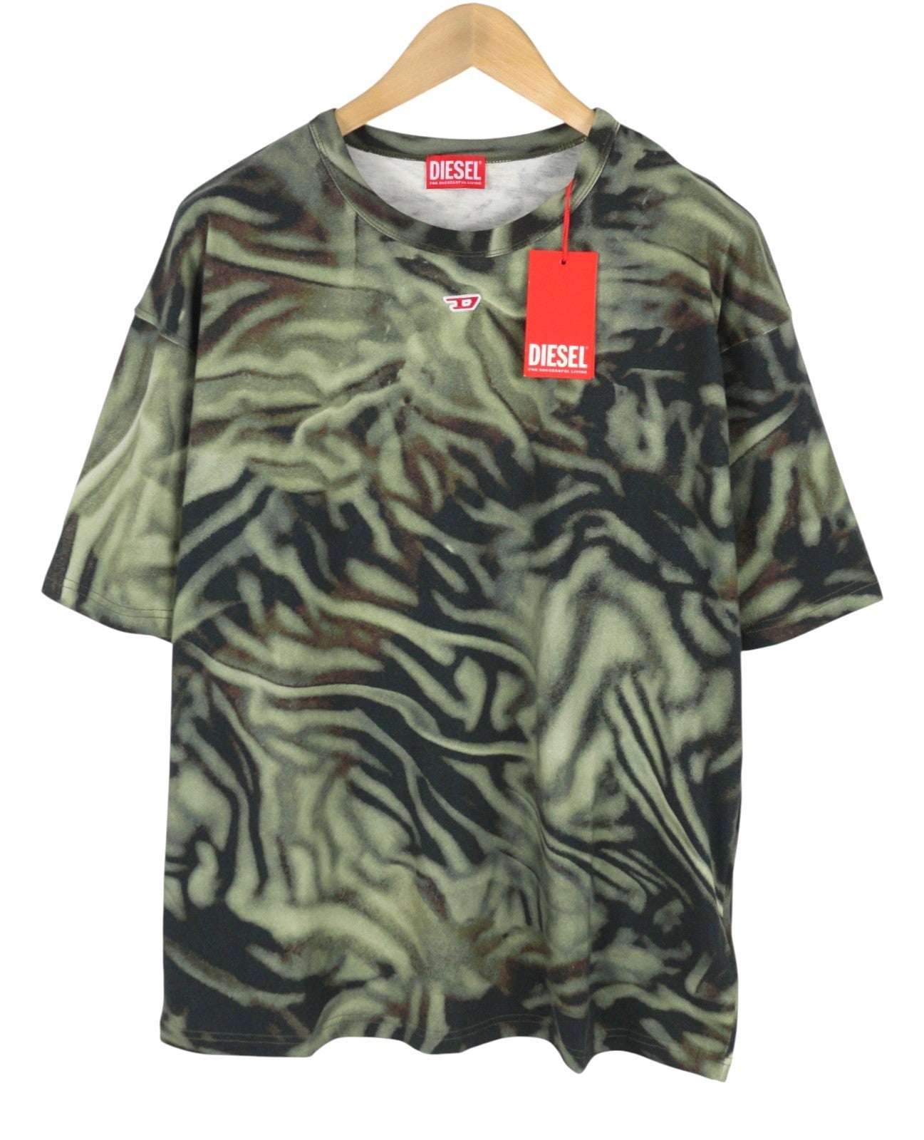 DIESEL T-Boxt-N3 Men T-Shirt L Green Zebra-Camo Print Short Sleeved RRP150